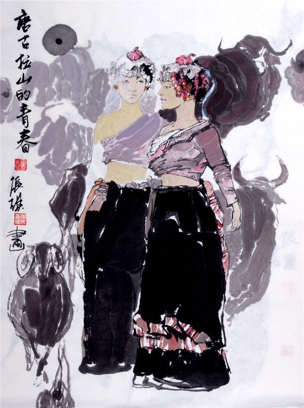 藏族姑娘 宣纸 中国画 68X78cm