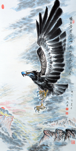 《腾身苍穹过天山 展翅万里思峨眉》138×69cm